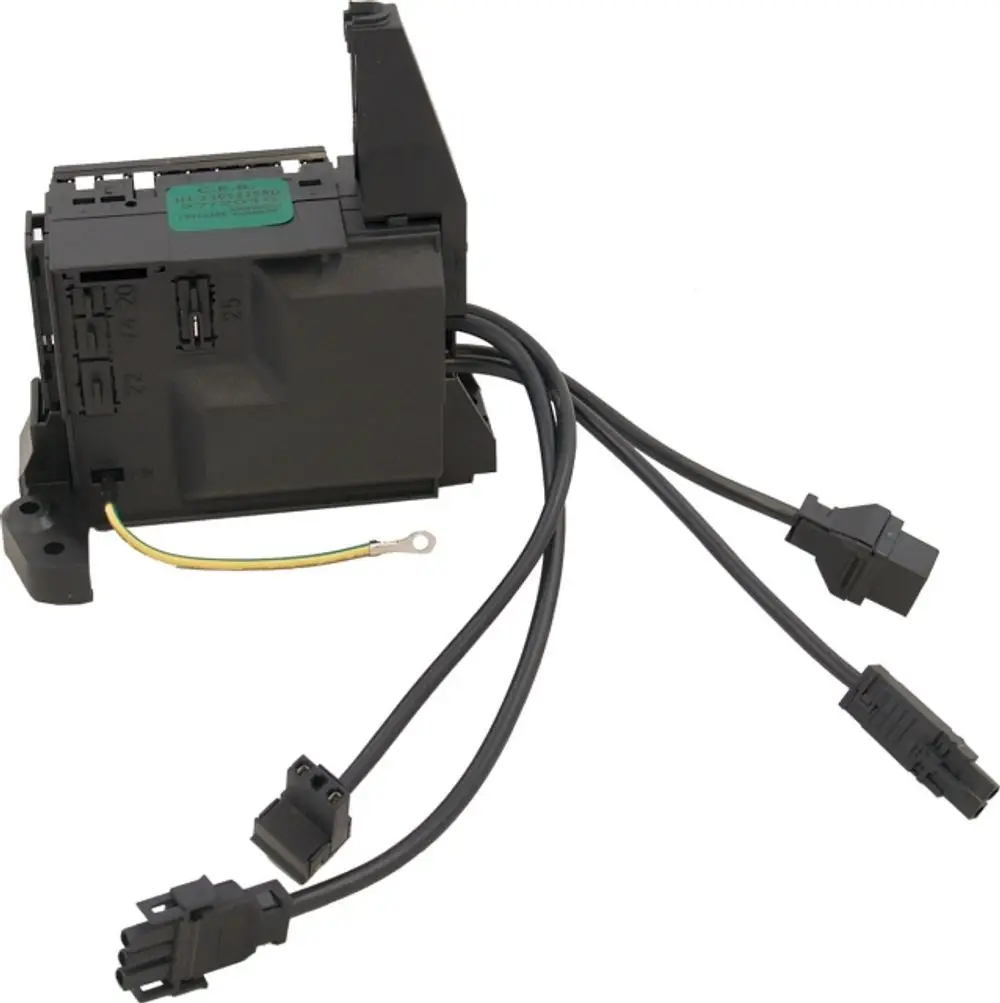 Stecksockel mit Kabelbaum, geeignet für Wolf EK01.3/4/5/7L T(H), zeigt einen elektrischen Anschluss mit mehreren Kabeln und einem grünen Etikett.